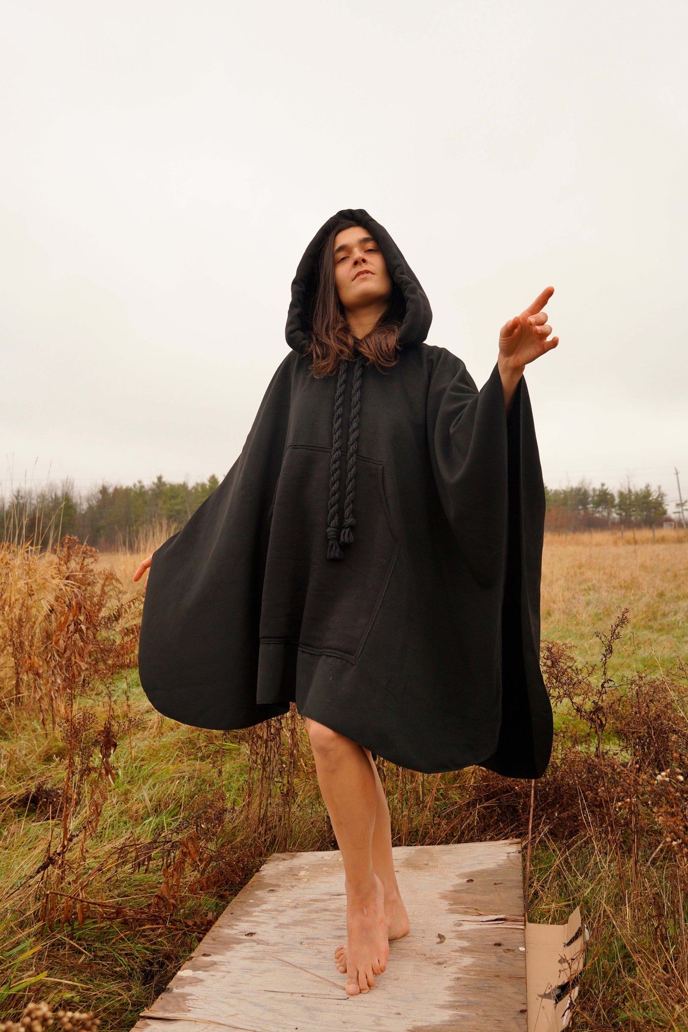 Cotton Hooded Black Cape - large hood and a giant kangaroo pocket.