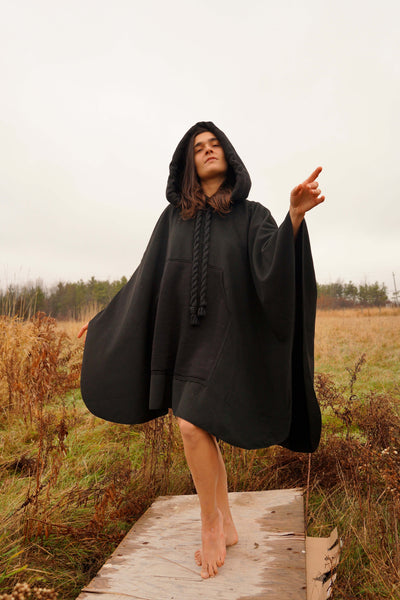 Cotton Hooded Black Cape - large hood and a giant kangaroo pocket.