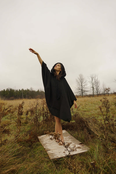 Cotton Hooded Black Cape - large hood and a giant kangaroo pocket.