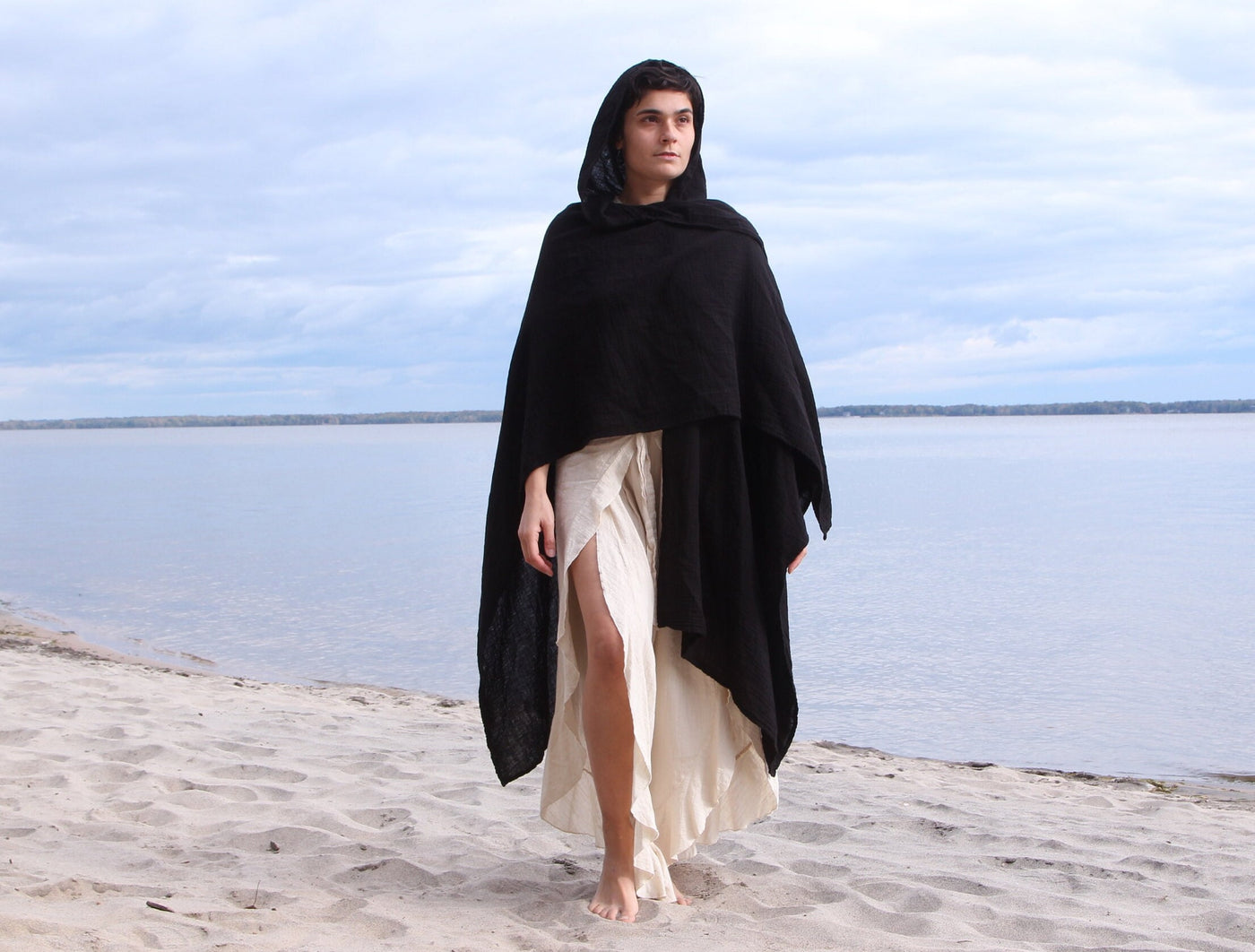 Hooded Black Unisex Cotton Cloak Kaftan